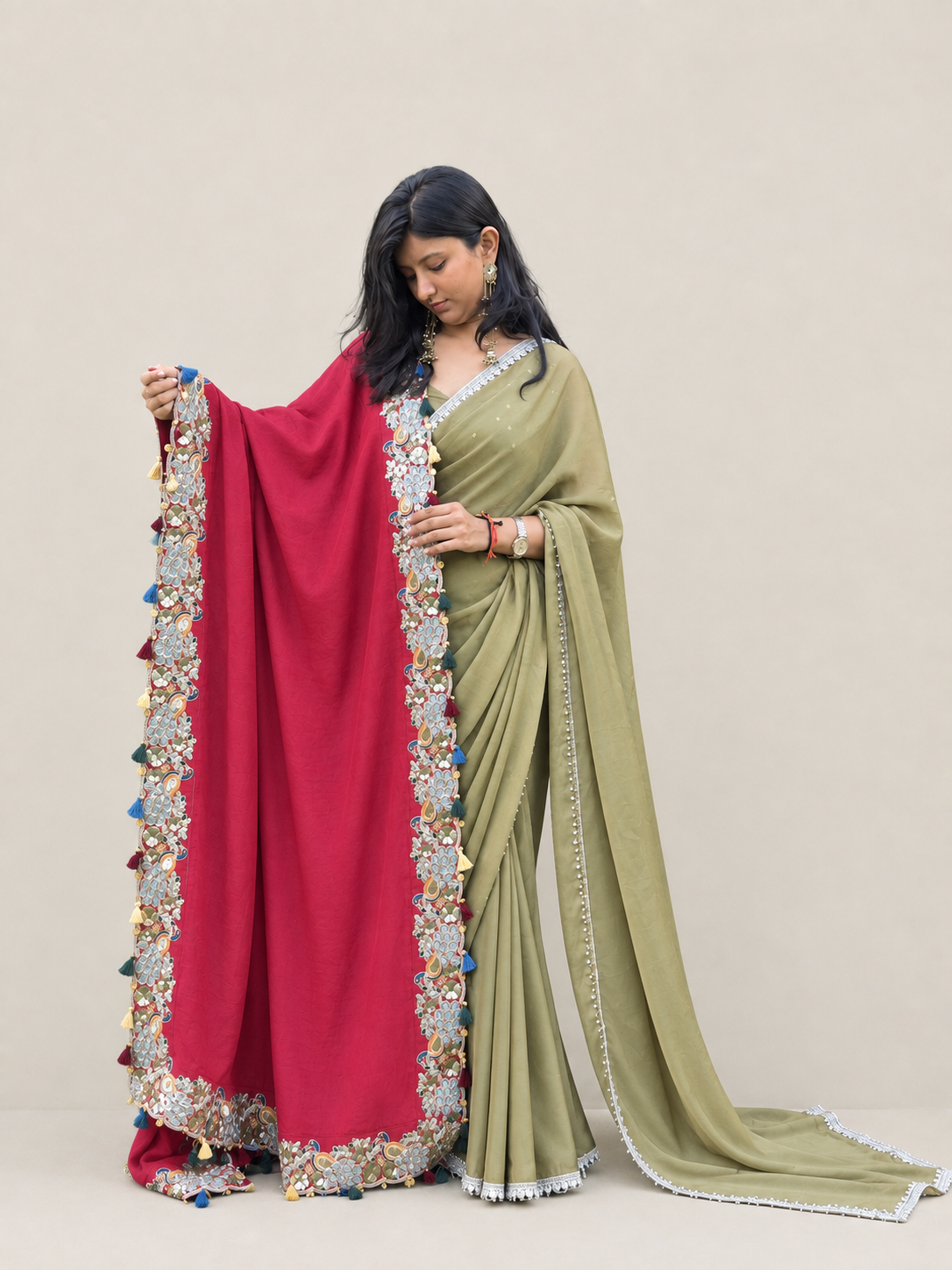Olive Green Saree And Handcrafted Dupatta