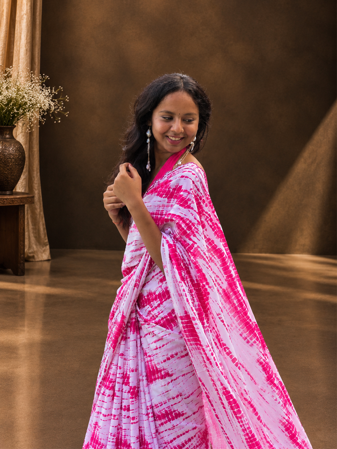 Gulabi Saaj pink saree moodboard with gold bangles, jhumkas and embroidered juttis by Maanshe"